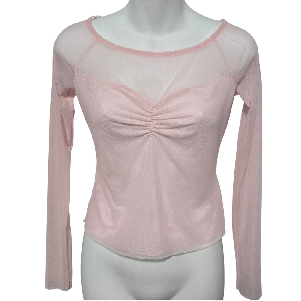 URBAN OUTFITTERS Pink Sheer Mesh Ruched Sweetheart Neck Long Sleeve Top Womens S